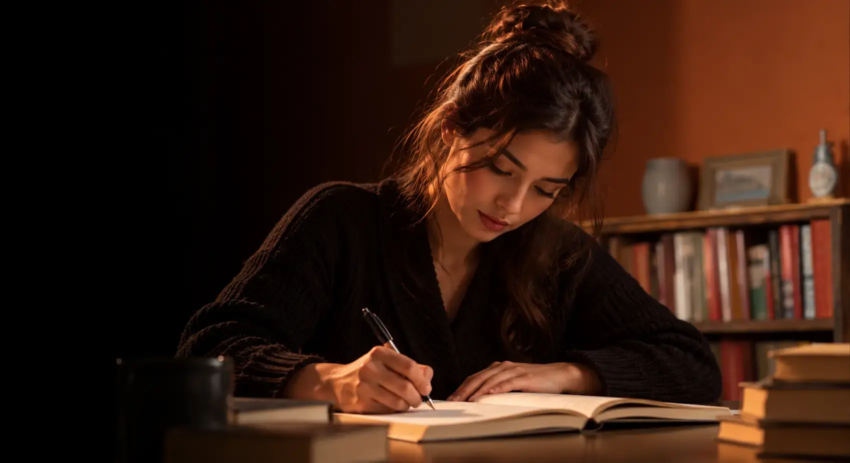 Author writing a manuscript at a desk
